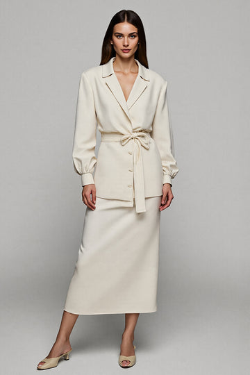 2-Piece Sheath V-Neck Ivory Work Dress with Long Sleeves